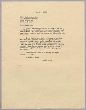 [Letter from Daniel W. Kempner to Lyda Ann Quinn, April 1, 1952]