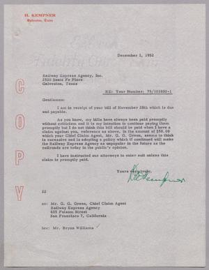 [Letter from Daniel W. Kempner to Railway Express Agency, Inc., December 1, 1952, Copy]