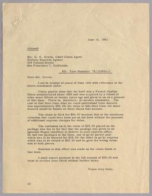 [Letter from Daniel W. Kempner to G. G. Green, June 16, 1952]