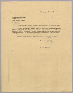 [Letter from D. W. Kempner to Rosenberg Library, November 24, 1952]