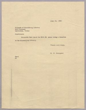 [Letter from Daniel W. Kempner to The Rosenberg Library, June 20, 1952]