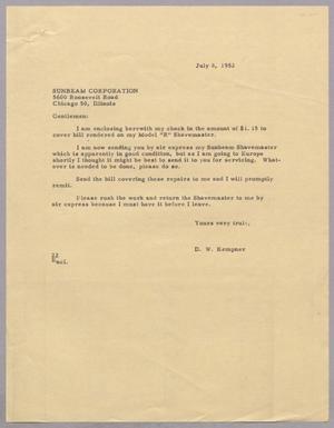 [Letter from Daniel W. Kempner to Sunbeam Corporation, July 8, 1952]