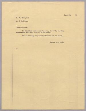 [Letter from Daniel W. Kempner to M. J. Sullivan, June 11, 1952]