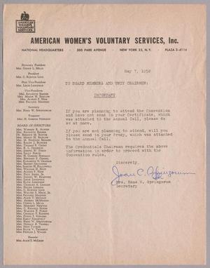 [Letter from American Women's Voluntary Services, Inc, May 7, 1952]
