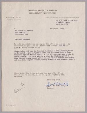 [Letter from the Federal Security Agency to Daniel W. Kempner, April 23, 1952]