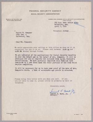 [Letter from the Federal Security Agency to Daniel W. Kempner, April 7, 1952]