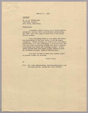 [Letter from Daniel W. Kempner to F. A. O. Schwarz, March 31, 1952]