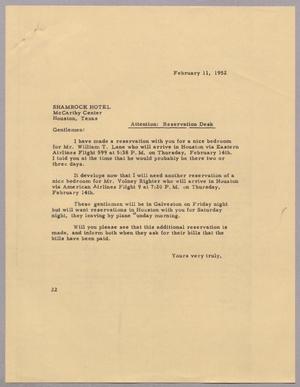 [Letter from Daniel W. Kempner to the shamrock Hotel, February 11, 1952]