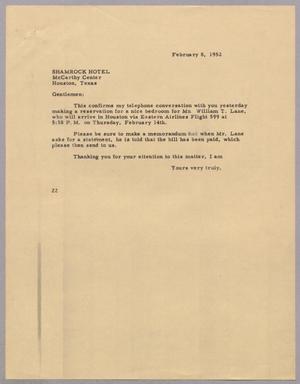 [Letter from Daniel W. Kempner to Shamrock Hotel, February 8, 1952]