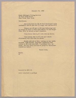 [Letter from Daniel W. Kempner to Stahl Editing & Titling Service, January 16, 1952]