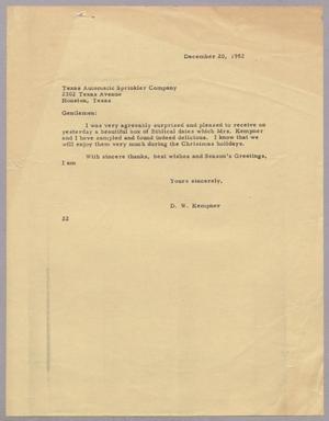[Letter from Daniel W. Kempner to the Texas Automatic Sprinkler Company, December 20, 1952]