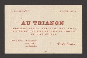 Primary view of object titled '[Annotated Business Card for Paula Kaeslin of Au Trianon]'.