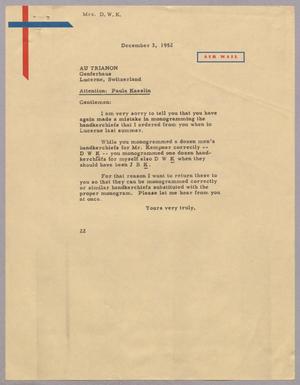 [Letter from Mrs. Daniel W. Kempner to Au Trianon, December 3, 1952]