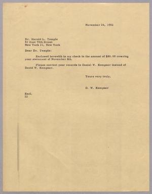 [Letter from Daniel Webster Kempner to Harold L. Temple, November 24, 1952]