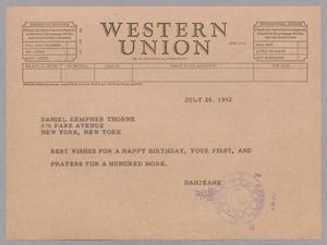 [Telegram from Jeane and D. W. Kempner to Daniel Kempner Thorne, July 25, 1952]
