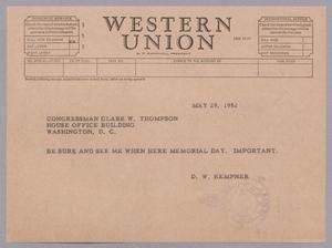[Telegram from D. W. Kempner to Clark W. Thompson, May 29, 1952]