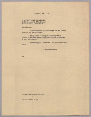 [Letter from Daniel W. Kempner to Tiffany and Company, January 30, 1952]