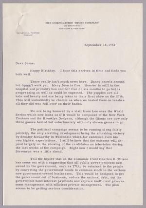 [Letter from Oakleigh L. Thorne to Mrs. Daniel W. Kempner, September 18, 1952]