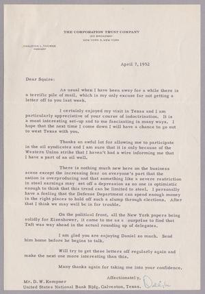 [Letter from Oakleigh L. Thorne to Daniel W. Kempner, April 7, 1952]