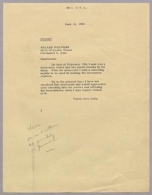[Letter from Mrs. Daniel W. Kempner to Wizard Weavers, June 11, 1952]