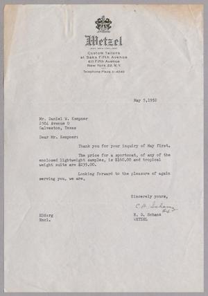 [Letter from E. D. Schanz to Daniel W. Kempner, May 5, 1952]