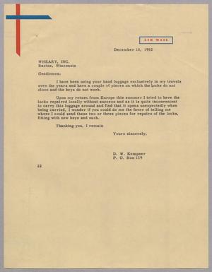 Primary view of object titled '[Letter from Daniel W. Kempner to Wheary Inc., December, 10 1952]'.