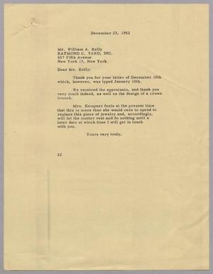 [Letter from Daniel W. Kempner to William A. Kelly, December 23, 1952]