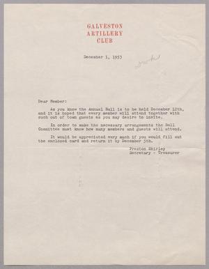 Primary view of object titled '[Letter from the Galveston Artillery Club, December 1, 1953]'.