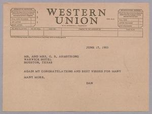 [Telegram from D. W. Kempner to Mr. and Mrs. O. R. Armstrong, June 17, 1953]