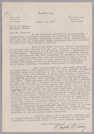 [Letter from Harold G. Aron to Daniel W. Kempner, January 16, 1952]