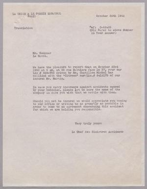[Letter from La Union & Le Phenix Espagnol to Daniel W. Kempner, October 30, 1952, Copy]