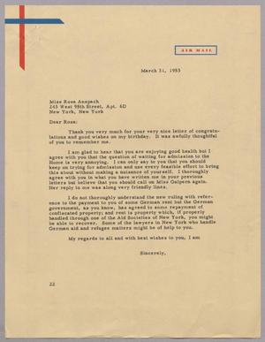 [Letter from Daniel W. Kempner to Rosa Anspach, March 31, 1953]