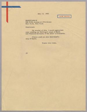 [Letter from Daniel W. Kempner to Brentano's, May 13, 1953]
