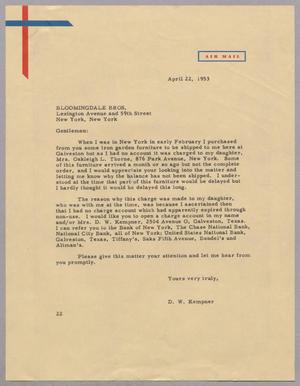 [Letter from Daniel W. Kempner to Bloomingdale Bros., April 22, 1953]