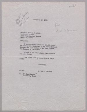 [Letter from S. D. Coleman to the National Jewish Hospital Southwest Office, November 12, 1953]