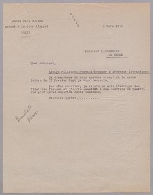 [Letter from James Paul Govare to P. Chardine, March 2, 1953]
