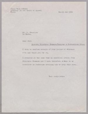 [Letter from James Paul Govare to P. Chardine, March 2, 1953, Translation]
