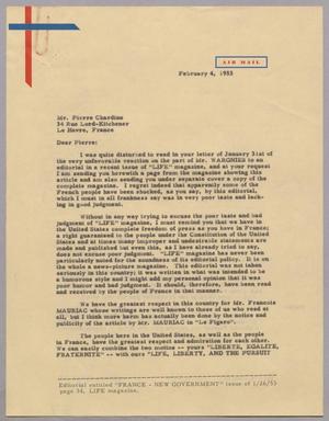 [Letter from Daniel W. Kempner to Pierre Chardine, February 4, 1953]