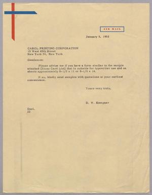 [Letter from Daniel W. Kempner to Carol Printing Corporation, January 5, 1953]