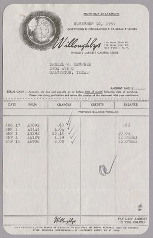 [Monthly Statement from Willoughbys, November 10, 1953]