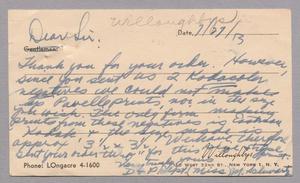 [Postal Card from Willoughbys to Daniel W. Kempner, July 27, 1953]