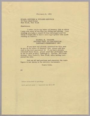 [Letter from Daniel W. Kempner to Stahl Editing & Titling Service, February 2, 1953]