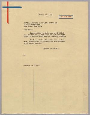 [Letter from Daniel W. Kempner to Stahl Editing & Titling Service, January 16, 1953]