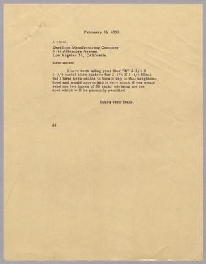 [Letter from Daniel W. Kempner to Davidson Manufacturing Company, February 25, 1953]