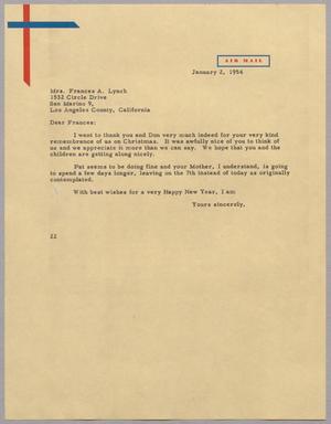 [Letter from D. W. Kempner to Mrs. Frances A. Lynch, January 2, 1954]