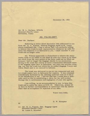 [Letter from Daniel W. Kempner to H. L. Durham, December 28, 1953]