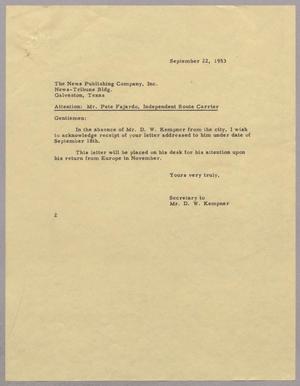 [Letter from Jeane Bertig Kempner to The News Publishing Company, Inc., September 22, 1953]