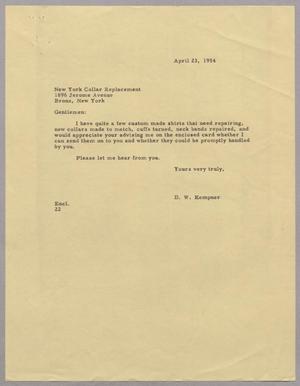 [Letter from D. W. Kempner to New York Collar Replacement, April 23, 1954]