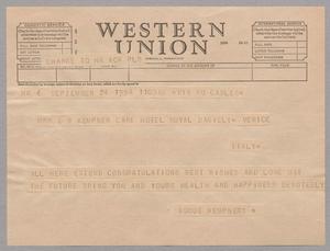 [Telegram from The Adoue-Kempner's to Jeane Bertig Kempner, September 24, 1954]