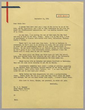 [Letter from Harris L. Kempner to Mr. D. W. Kempner, September 14, 1954]